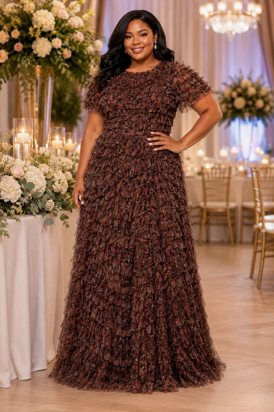 New with Tags Mac Duggal 8042 Brown Multi Tiered Ruffle Chiffon Gown Dress Sz 20